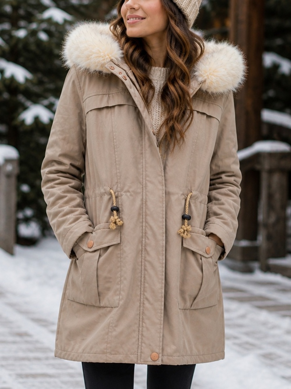 NEW! Wanna B Women’s Boutique Beige faux fur hooded parka Coat